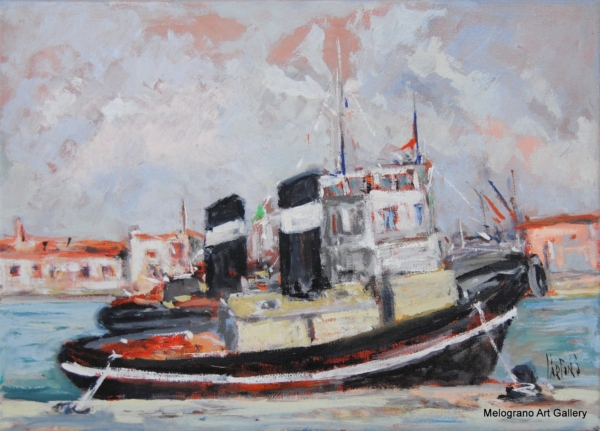 Dipinto con vecchi rimorchiatori di Paolo Paolini, scena portuale livornese.