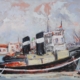 Dipinto con vecchi rimorchiatori di Paolo Paolini, scena portuale livornese.