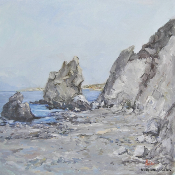 Dipinto con mare e scogli di Paolo Paolini, paesaggio marino poetico.