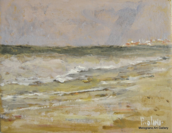 Dipinto di tramonto sul mare di Paolo Paolini, luce calda e riflessi sull’acqua.