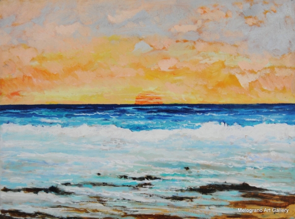 Dipinto di tramonto sul mare di Paolo Paolini, luce calda e riflessi sull’acqua.