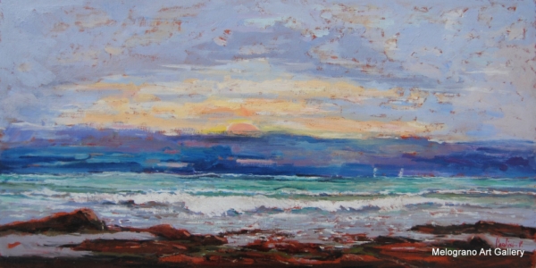 Dipinto di tramonto sul mare di Paolo Paolini, luce calda e riflessi sull’acqua.