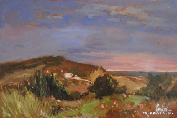 Tramonto sulle dune e il mare in lontananza. Quadro di Paolo Paolini