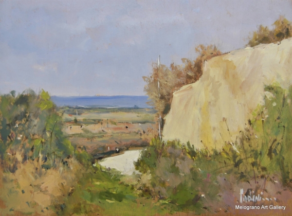 Dipinto con veduta cittadina di Livorno di Paolo Paolini, paesaggio urbano poetico.