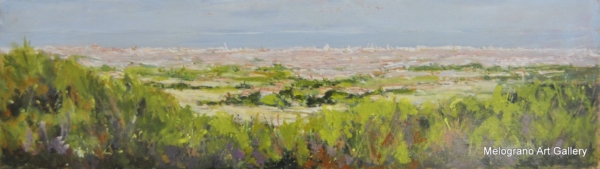 Dipinto con veduta cittadina di Livorno di Paolo Paolini, paesaggio urbano poetico.