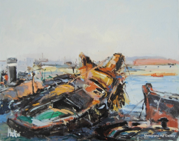 Dipinto con navi in porto di Paolo Paolini, paesaggio marino con la presenza dell’acqua nei cantieri di Livorno