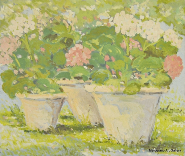 Dipinto di giardino fiorito con coppi di Paolo Paolini, scena luminosa e poetica.