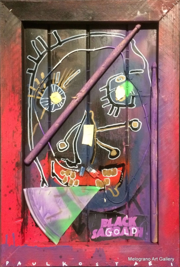 Quadro in tecnica mista e assemblaggio, Opera di Paul Kostabi, pittore e musicista statunitense della scena post-Pop Art newyorkese.