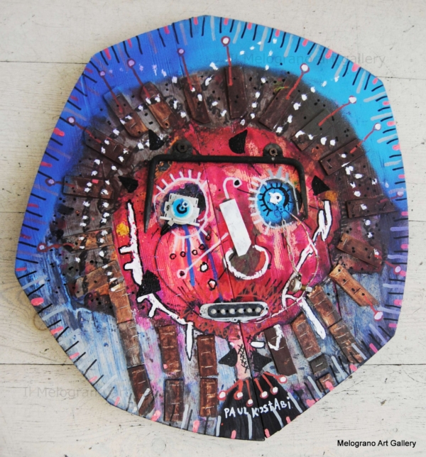 Quadro in tecnica mista e assemblaggio, Opera di Paul Kostabi, pittore e musicista statunitense della scena post-Pop Art newyorkese.