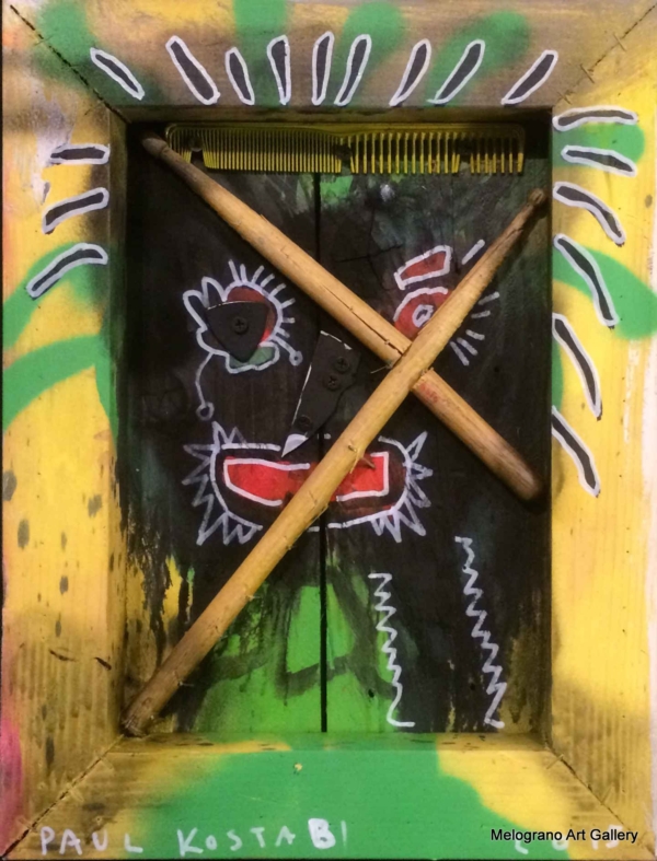 Quadro in tecnica mista e assemblaggio, Opera di Paul Kostabi, pittore e musicista statunitense della scena post-Pop Art newyorkese.