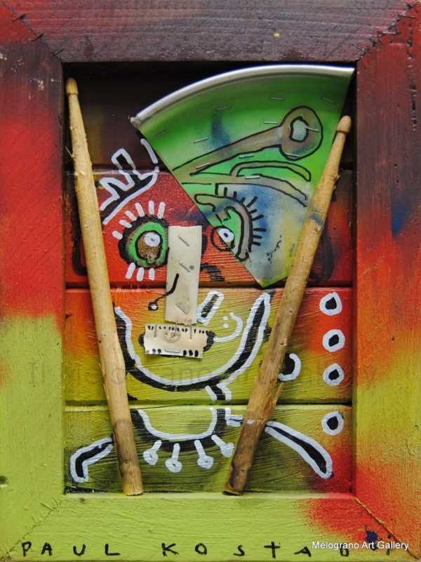 Quadro in tecnica mista e assemblaggio, Opera di Paul Kostabi, pittore e musicista statunitense della scena post-Pop Art newyorkese.