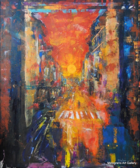 Tramonto urbano infuocato tra palazzi – dipinto di Becherucci