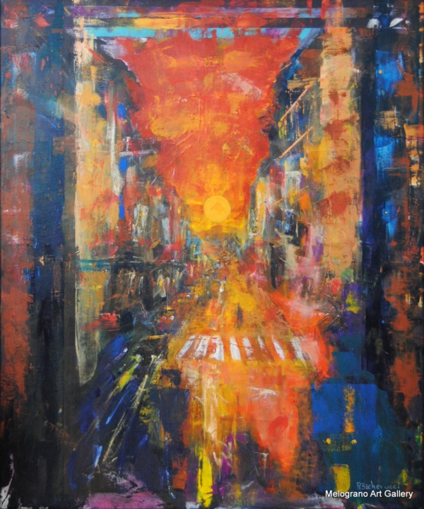 Tramonto urbano infuocato tra palazzi – dipinto di Becherucci