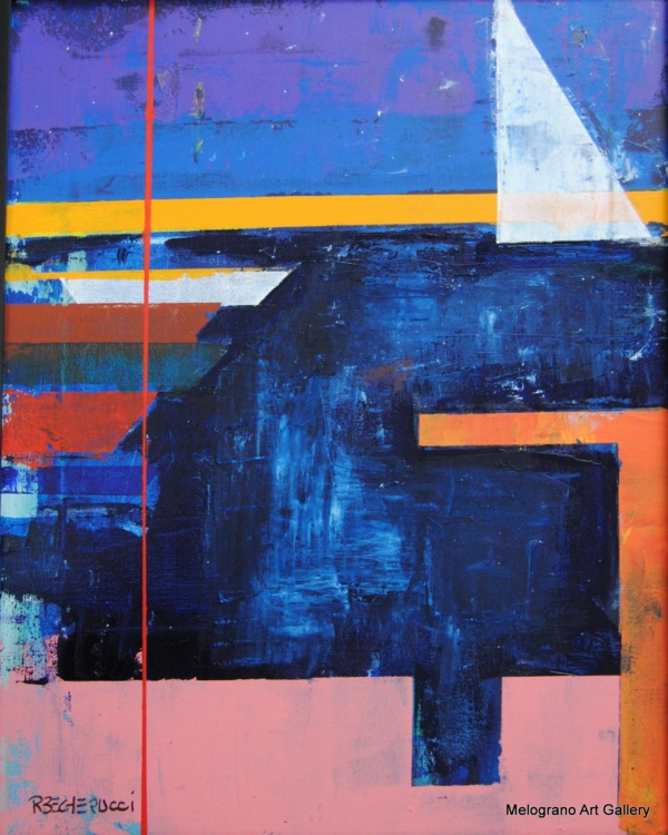 Roberto Becherucci – Paesaggio astratto marino con molo, prua di nave e vela