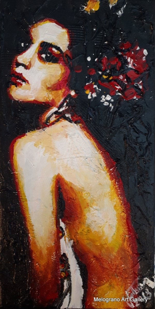 Ritratto femminile di Sante Muro, olio materico con chiaroscuri e profondità