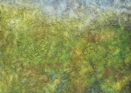 Astratto di Serafino Magazzini in tonalità terrose e verdi, con campi cromatici materici ispirati al paesaggio.