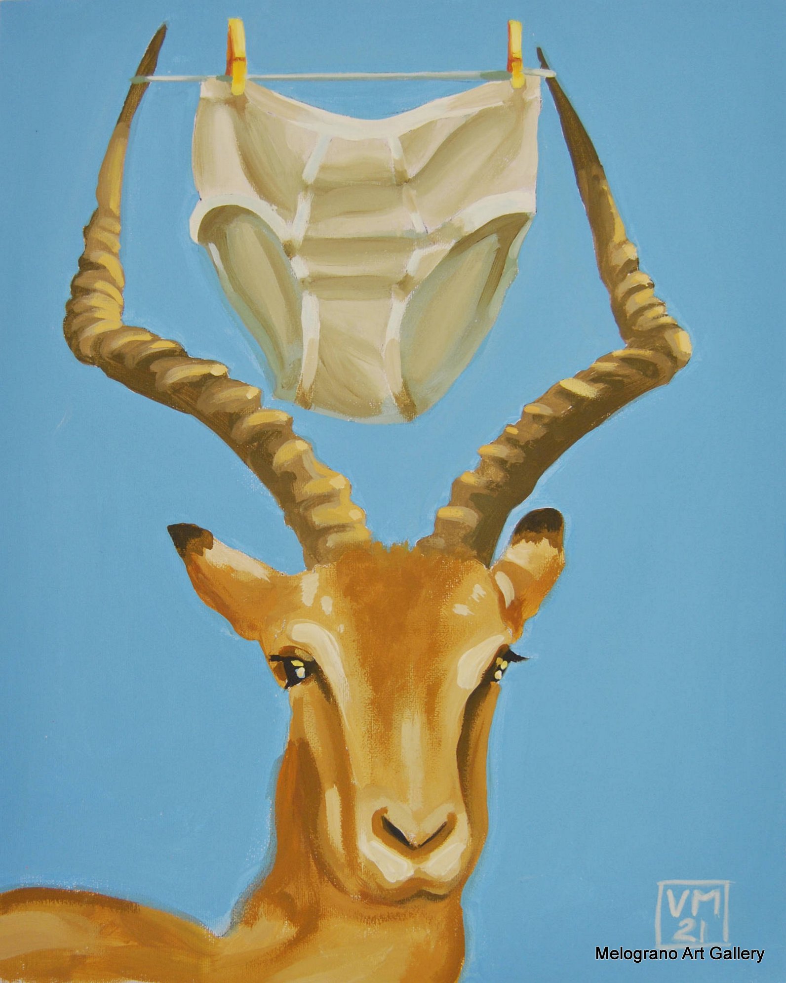 Antilope nella savana con mutande da uomo tra le corna, scena ironica e colorata in stile pop art di Vincenzo Marino.