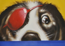 Quadro di Vincenzo Marino. Capitan Birba ci osserva con un solo occhio, l’altro nascosto da una benda rossa che lo trasforma in un piccolo, tenero pirata urbano.