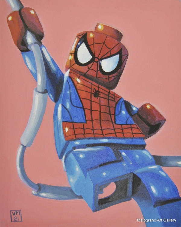 Uomo ragno in stile Lego su liana a tubo contorto, immagine pop art ironica e colorata di Vincenzo Marino.