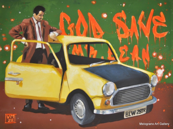 Personaggio pop apre sportello di una piccola auto, pop art colorata e ironica di Vincenzo Marino.