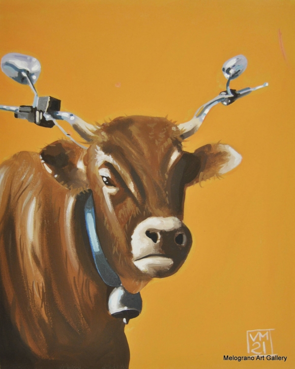 Mucca con manubrio di motocicletta al posto delle corna, stile pop art colorato e ironico, dipinto di Vincenzo Marino.