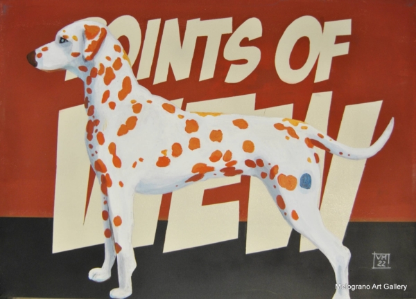 Dalmata pop con macchie rosse e scritta Point of View, stile fumetto colorato e ironico di Vincenzo Marino.