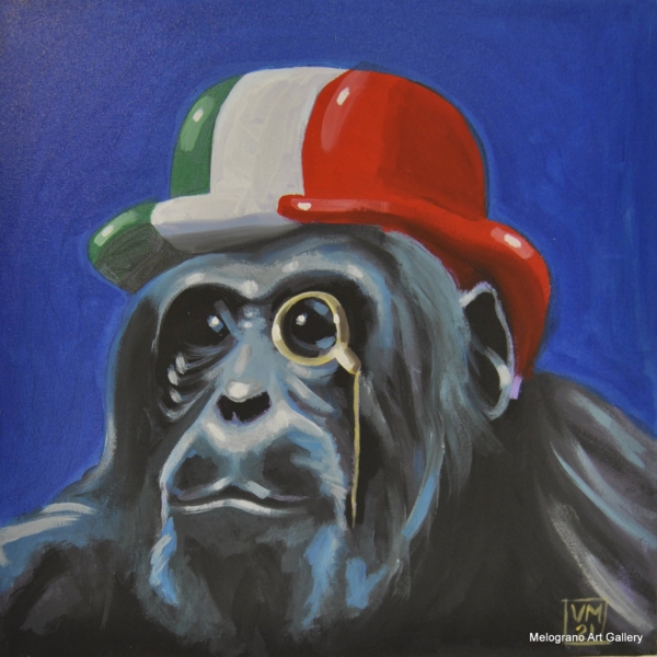 Scimmia con bombetta tricolore italiana, colori vivaci e tono ironico pop art, dipinto di Vincenzo Marino.
