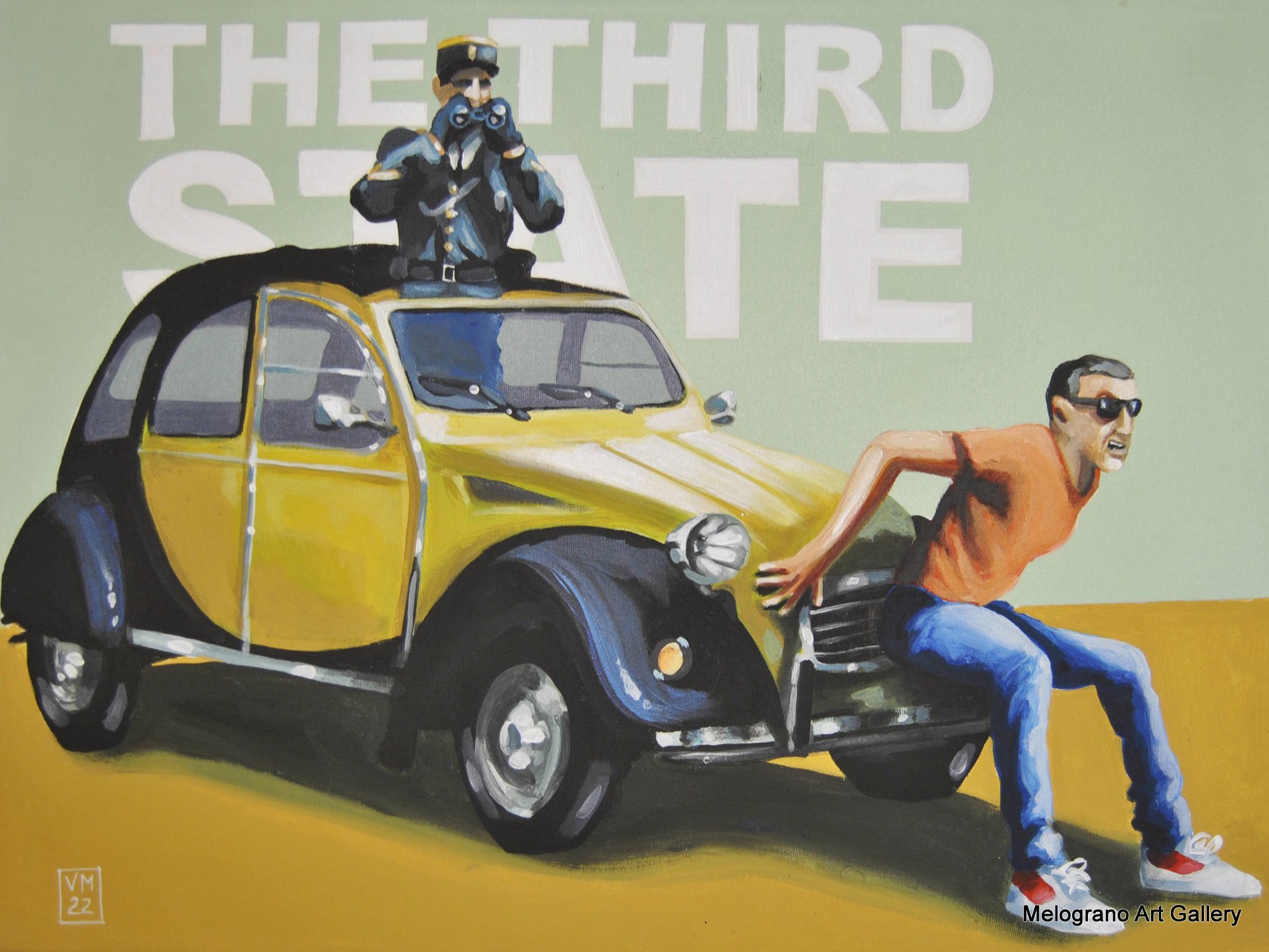 Ragazzo sul cofano di un’auto con poliziotto sullo sfondo, pop art colorata e ironica di Vincenzo Marino.