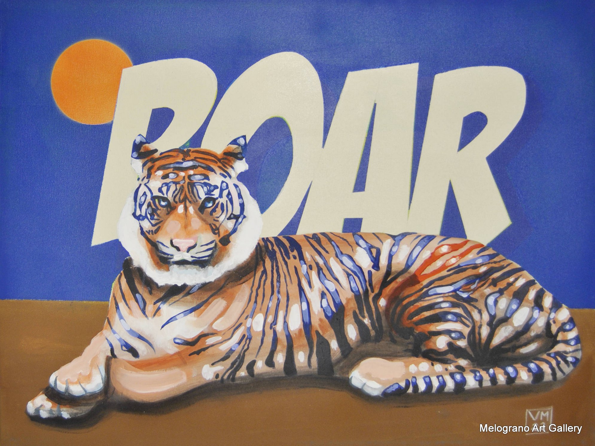 Tigre pop dietro la scritta ROAR, stile fumetto colorato e ironico di Vincenzo Marino.