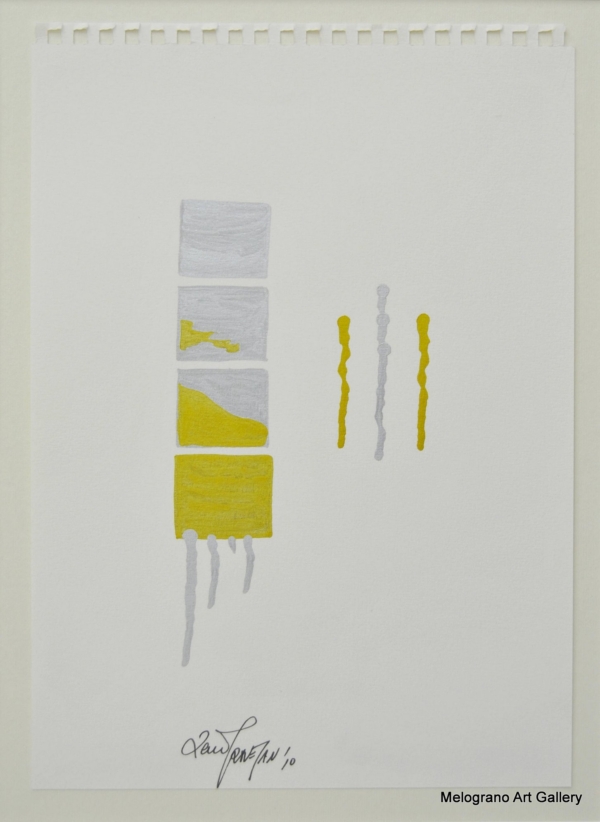 Disegno astratto Gravante 2010 minimalista oro e argento forme quadrate gocciolanti su carta
