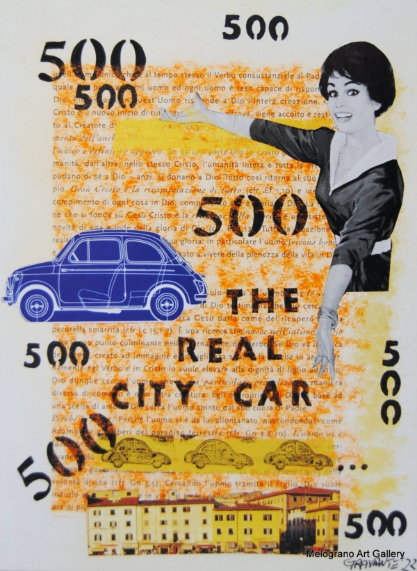 collage su pagina di libro con donna ritagliata, automobile 500 e scritte 500 the real city car