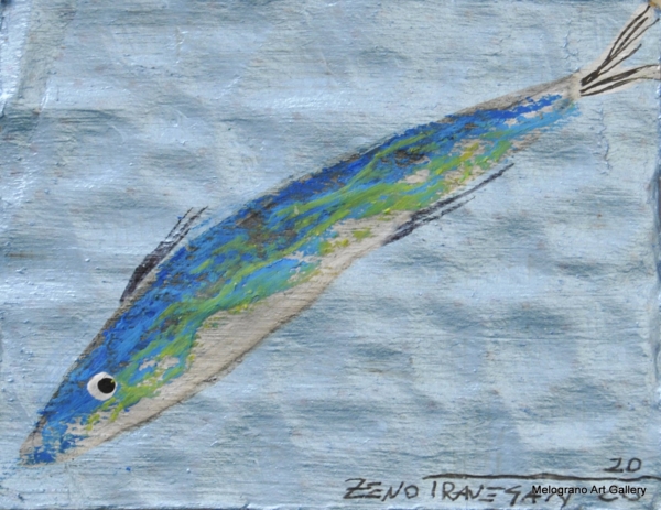 Acciughe stilizzate dipinte su carta azzurro metallizzato su supporto cartone spesso 5 cm