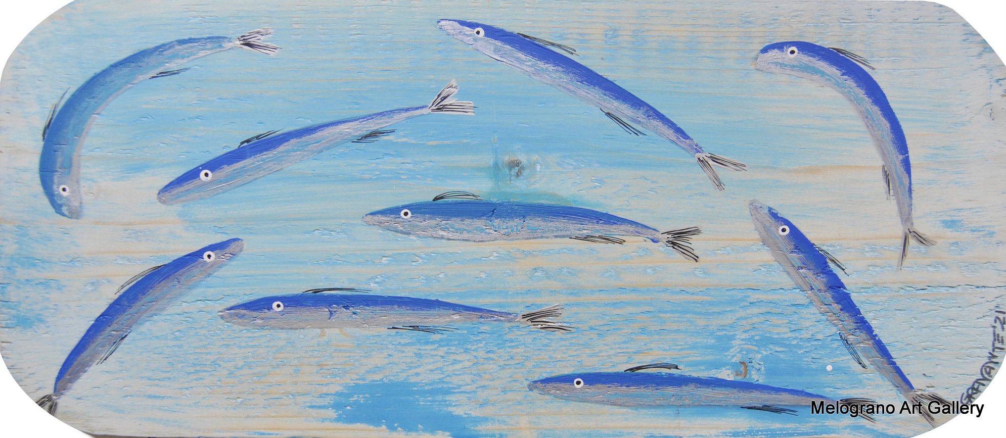 Acciughe colorata della serie Anciue di Zeno Travegan su tavola