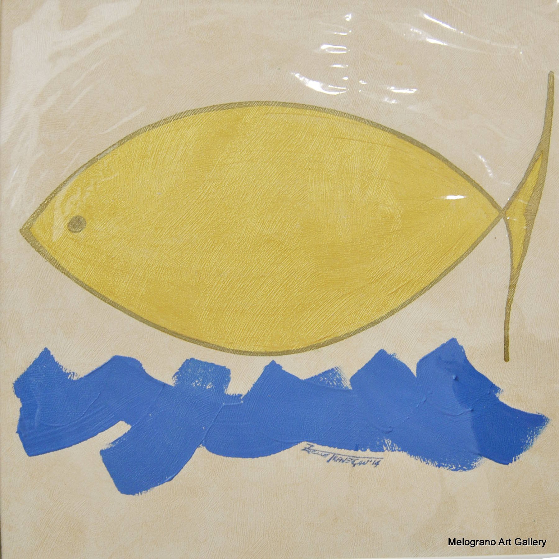 aggiuga pop gialla su sfondo carta da parati anni 70 con pennellata blu