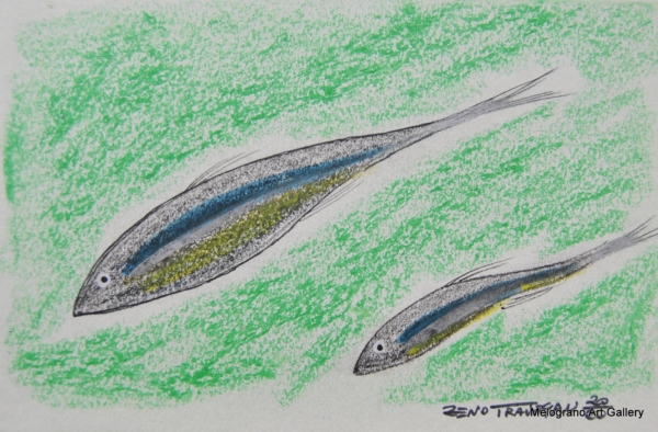 Acciughe colorata della serie Anciue di Zeno Travegan con fondo verde