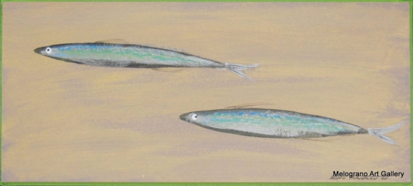 Acciughe colorata della serie Anciue di Zeno Travegan con fondo rosa