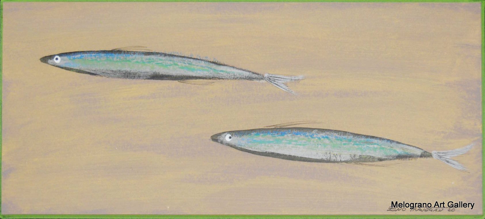 Acciughe colorata della serie Anciue di Zeno Travegan con fondo rosa