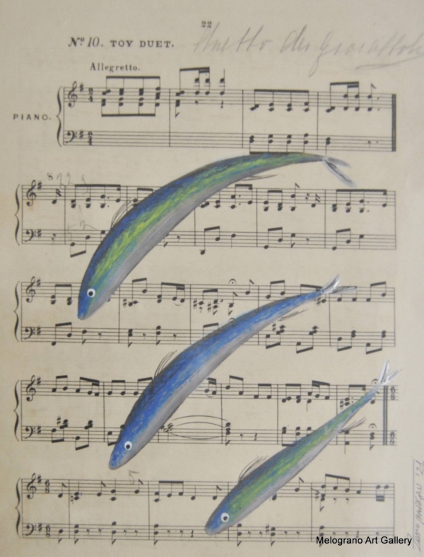 Acciughe colorata della serie Anciue di Zeno Travegan su spartito musicale