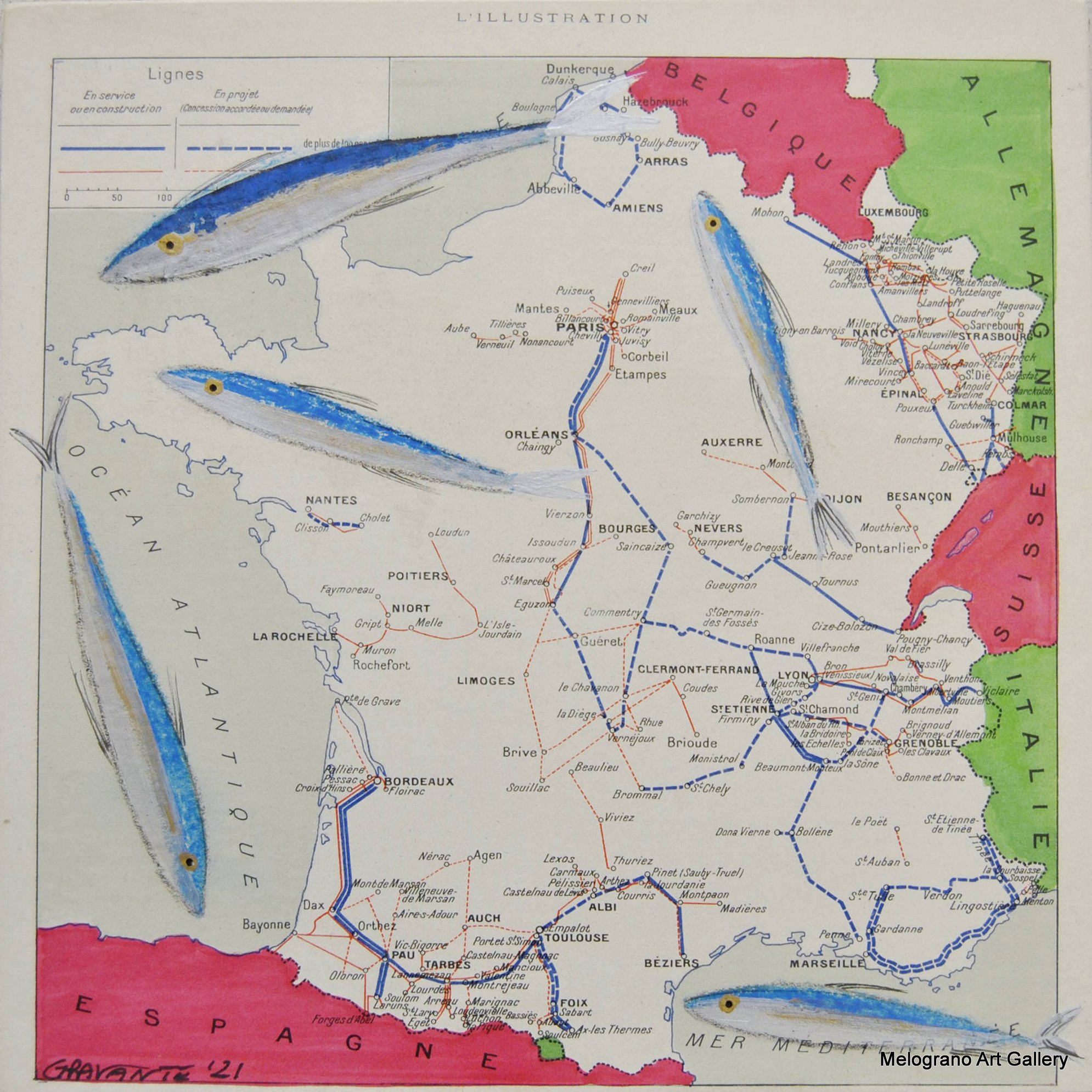 Cartina della Francia con acciughe stilizzate, quadro pop e decorativo
