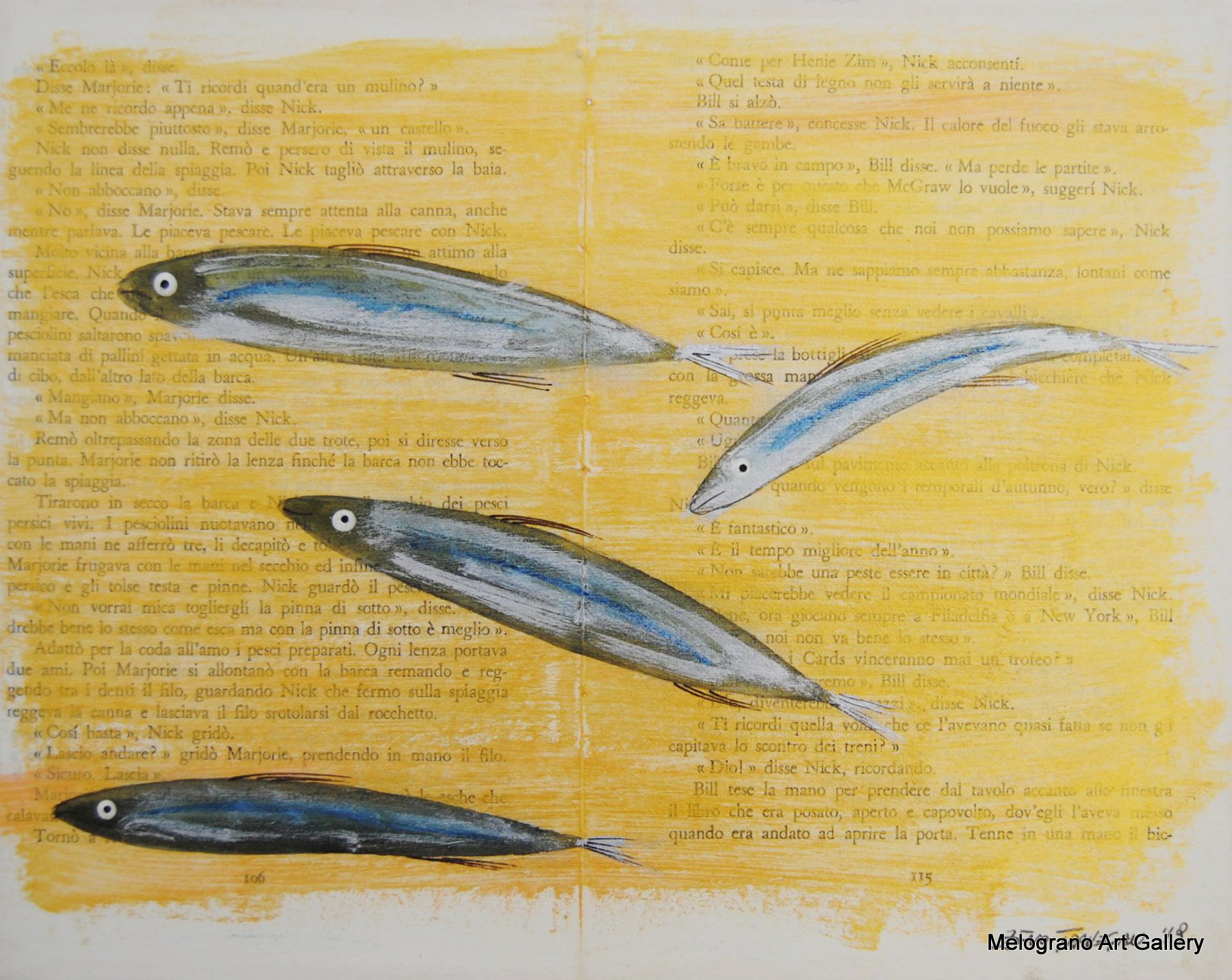 Acciughe colorata della serie Anciue di Zeno Travegan su fondo oro