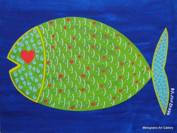 pesce pop colorato con cuore rosso al posto dell’occhio