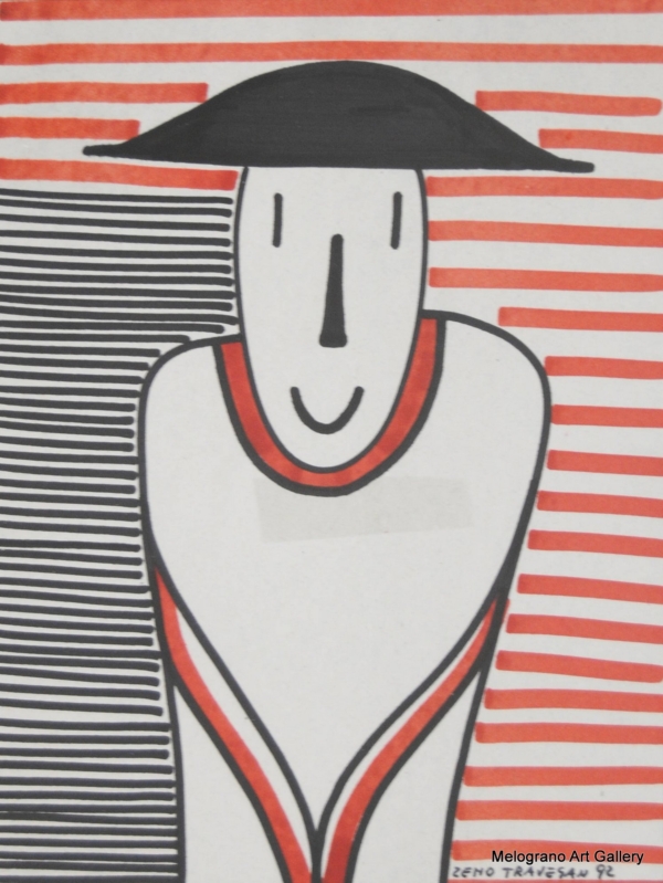 Carabiniere stilizzato delineato in rosso su cartoncino colorato con righe blu