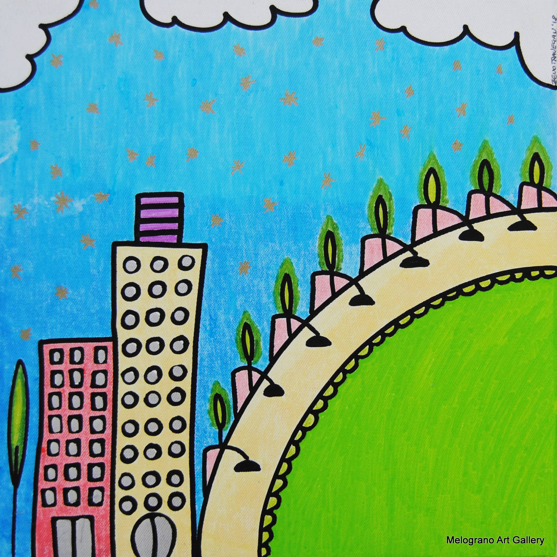 Central Park stilizzato in chiave naïf, quadro allegro e colorato