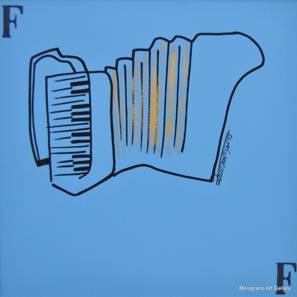 fisarmonica stilizzata in oro su fondo azzurro