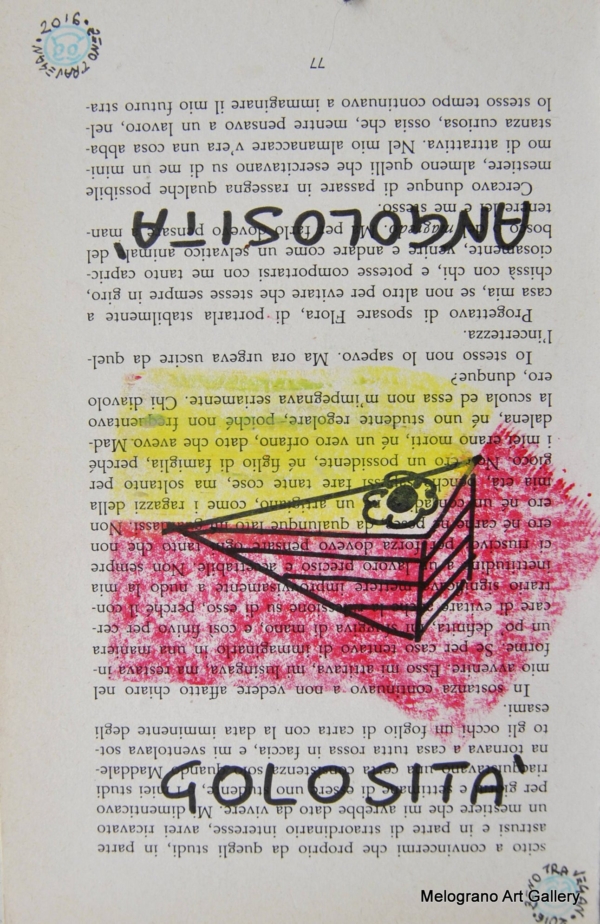 parola angolosità su pagina di libro con doppio gioco di parole e figura geometrica centrale