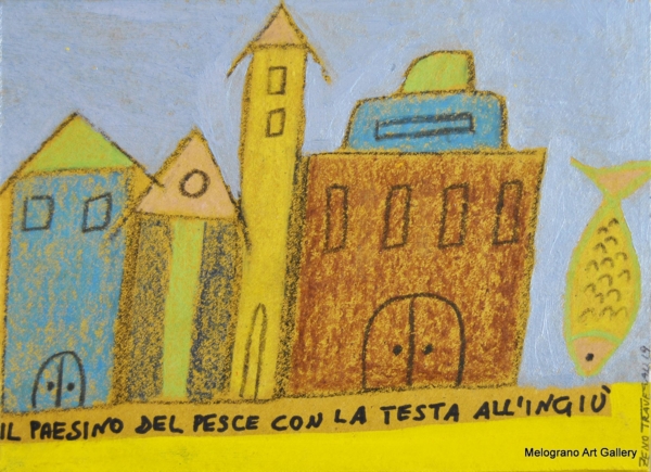 Paesino immaginario con casine stilizzate, disegno naïf e colori delicati