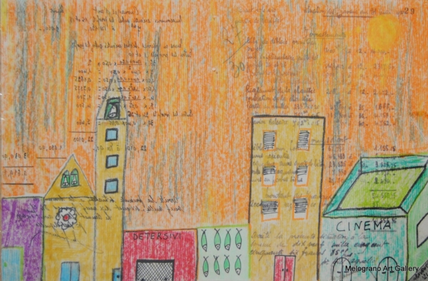 Paesino immaginario con casine stilizzate e pesci con la testa all’ingiù, disegno naïf