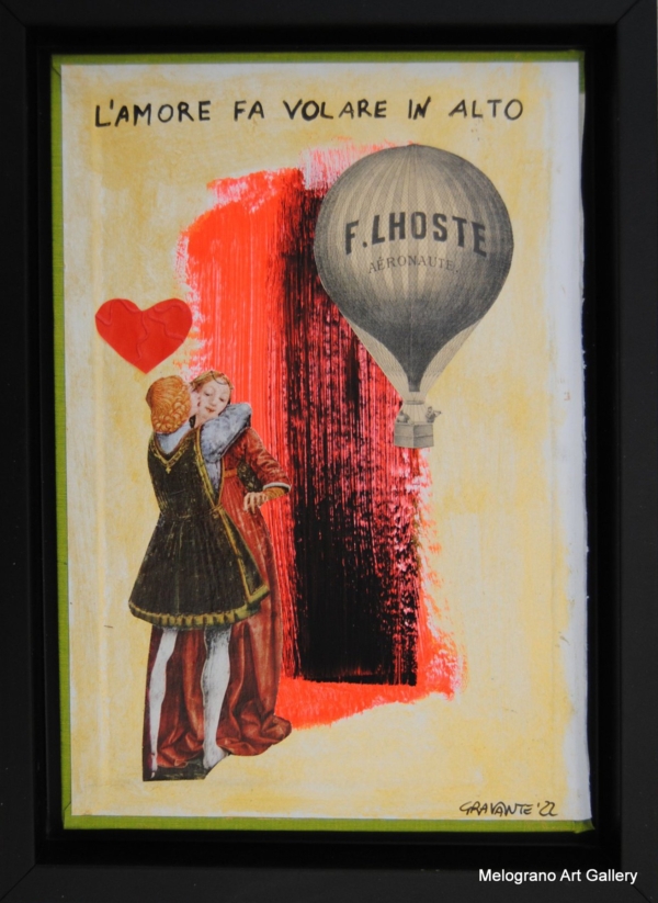 collage su dorso di agenda con due che si baciano cuore pallone aerostatico e scritta l’amore fa volare in alto