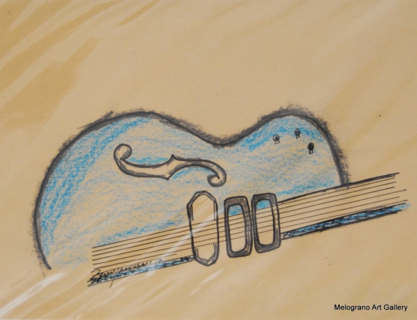 basso stilizzato a pastelli su carta color paglia titolo lucille blue version