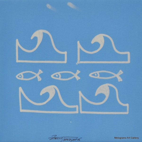 Quadro Mare Nostrum con onde e pesci stilizzati, colori armoniosi e tratto semplice